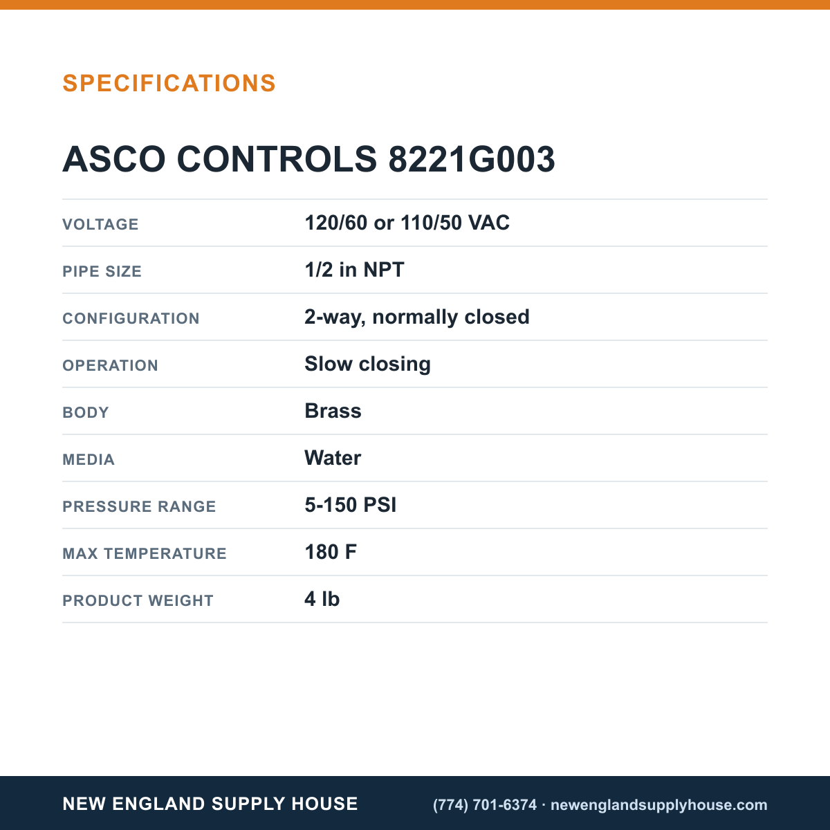 ASCO 8221G003 Solenoid Valve specifications — New England Supply House [NESH-SPECTABLE-V1]