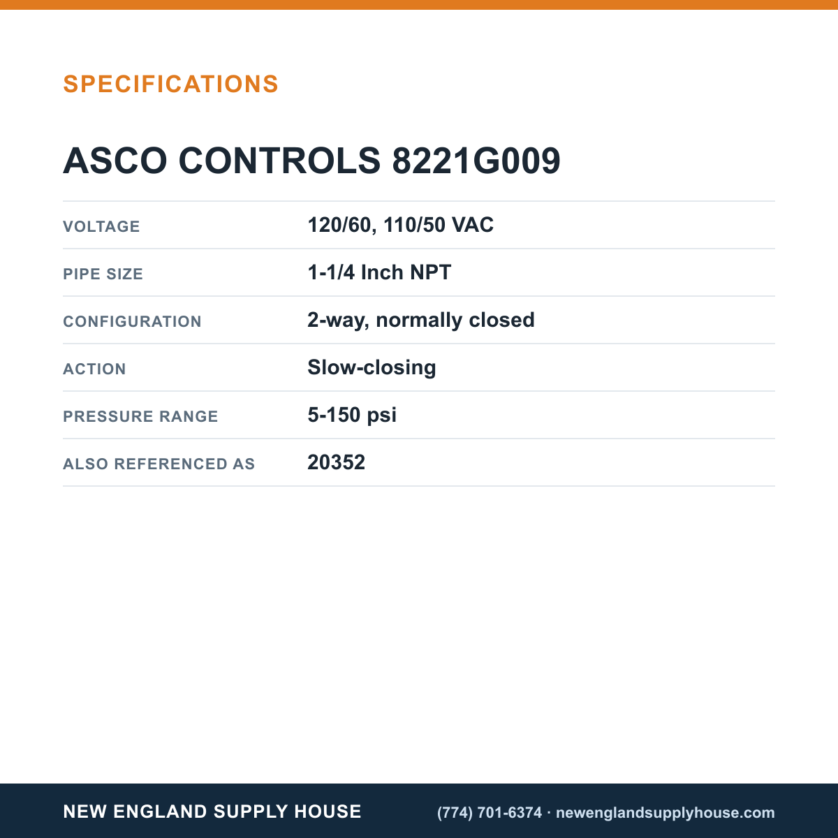 ASCO 8221G009 Solenoid Valve specifications — New England Supply House [NESH-SPECTABLE-V1]