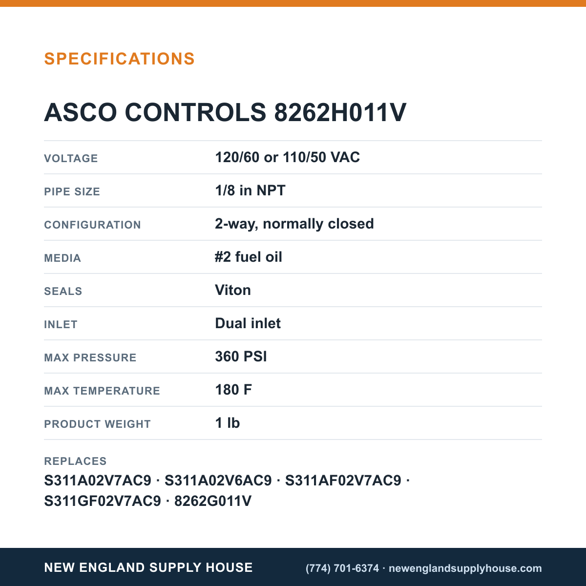 ASCO 8262H011V Fuel Oil Solenoid Valve specifications — New England Supply House [NESH-SPECTABLE-V1]