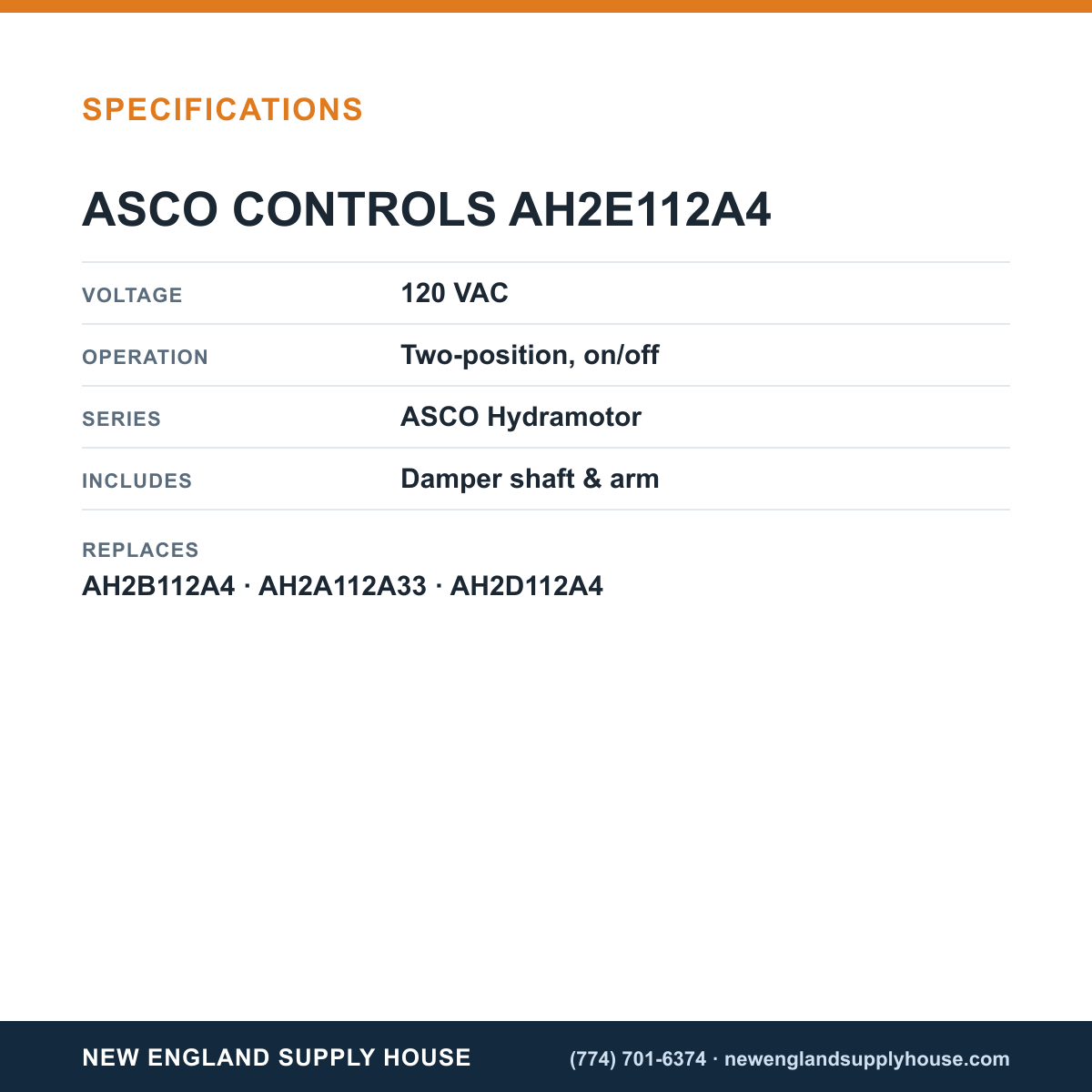 ASCO AH2E112A4 Hydramotor Valve Actuator specifications — New England Supply House [NESH-SPECTABLE-V1]