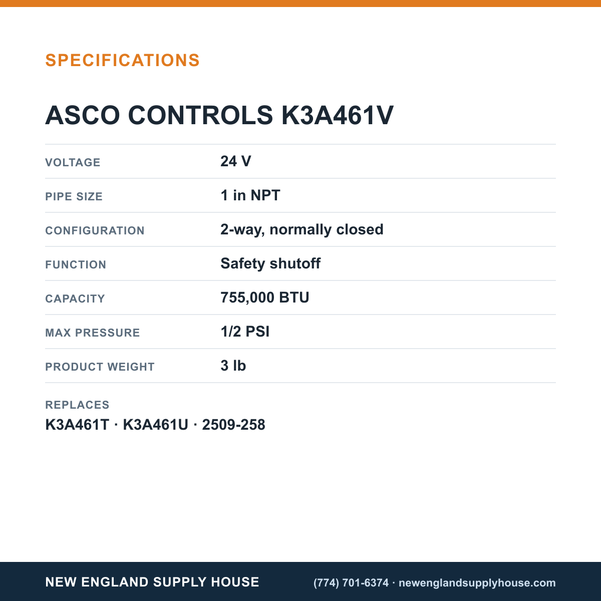ASCO K3A461V Gas Solenoid Valve specifications — New England Supply House [NESH-SPECTABLE-V1]