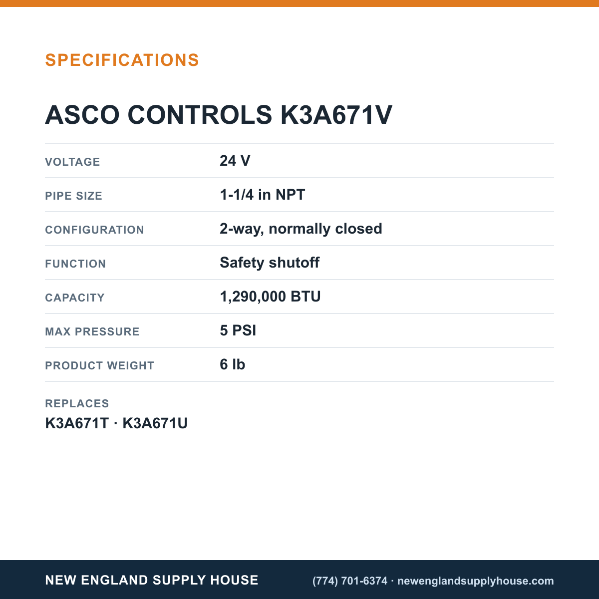 ASCO K3A671V Gas Solenoid Valve specifications — New England Supply House [NESH-SPECTABLE-V1]