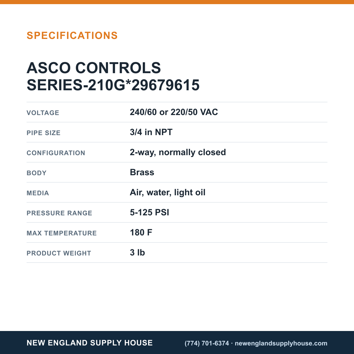 ASCO 8210G009 Solenoid Valve specifications — New England Supply House [NESH-SPECTABLE-V1]