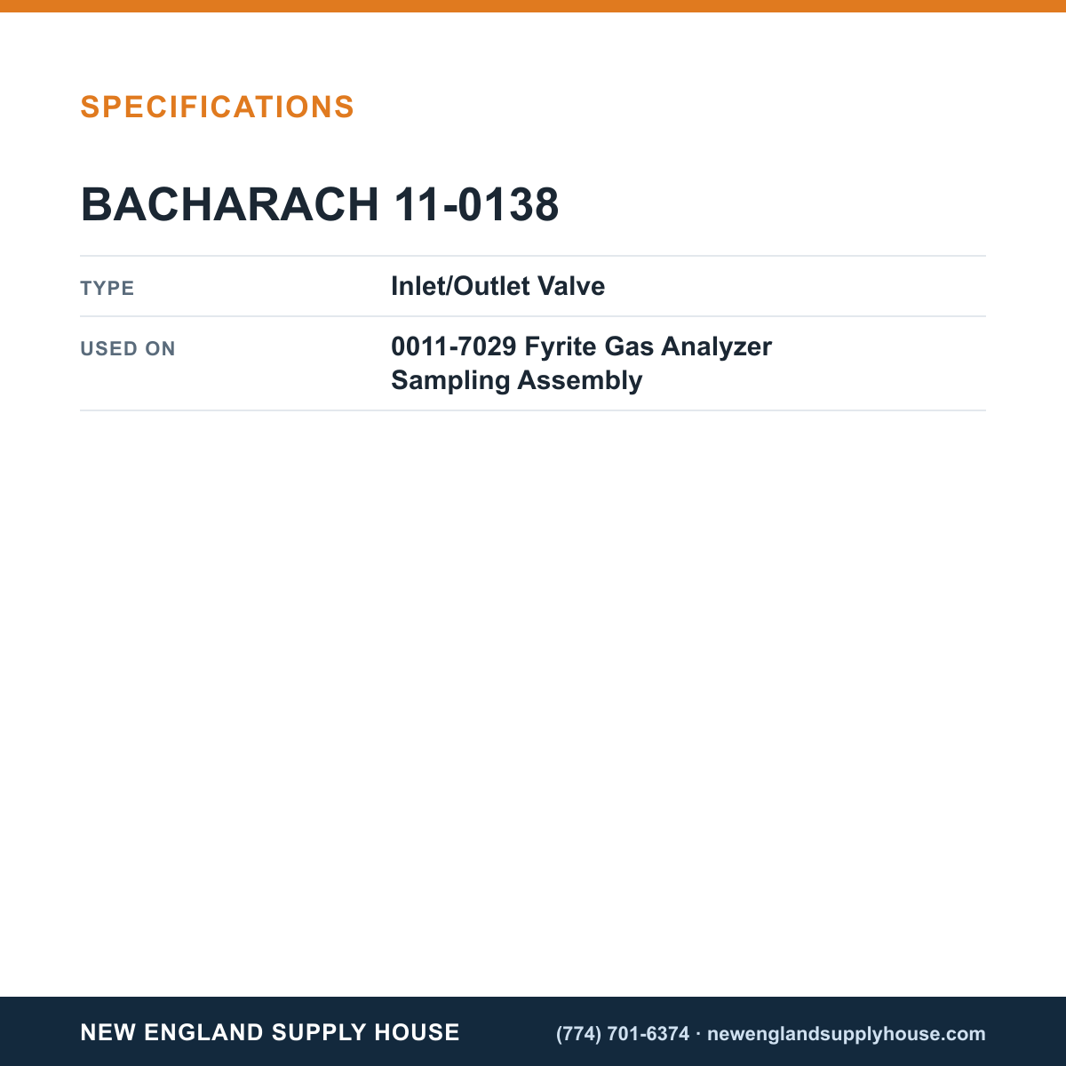 Bacharach 11-0138 Gas Analyzer Sampling Assembly Inlet/Outlet Valve specifications — New England Supply House [NESH-SPECTABLE-V1]