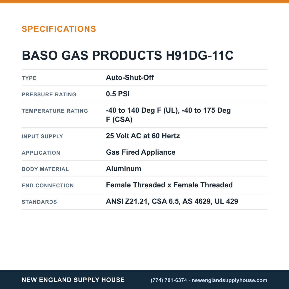 Baso Gas Products H91DG-11C Automatic Pilot Gas Valve specifications — New England Supply House [NESH-SPECTABLE-V1]