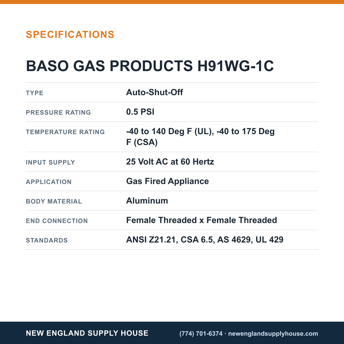 Baso Gas Products H91WG-1C Automatic Pilot Gas Valve specifications — New England Supply House [NESH-SPECTABLE-V1]