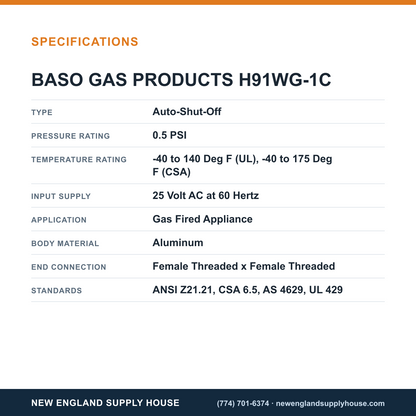 Baso Gas Products H91WG-1C Automatic Pilot Gas Valve specifications — New England Supply House [NESH-SPECTABLE-V1]