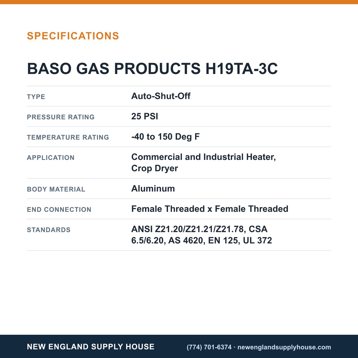 Baso Gas Products H19TA-3C Automatic Pilot Gas Valve specifications — New England Supply House [NESH-SPECTABLE-V1]