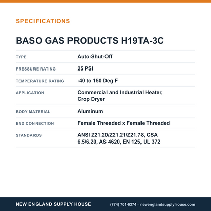Baso Gas Products H19TA-3C Automatic Pilot Gas Valve specifications — New England Supply House [NESH-SPECTABLE-V1]