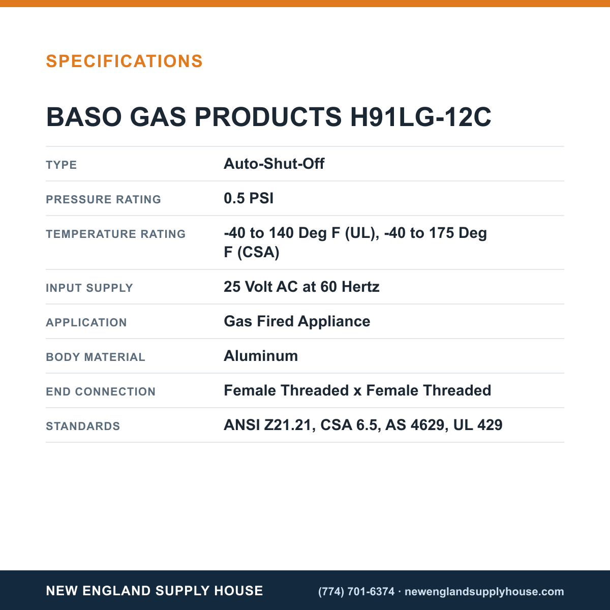 Baso Gas Products H91LG-12C Automatic Pilot Gas Valve specifications — New England Supply House [NESH-SPECTABLE-V1]