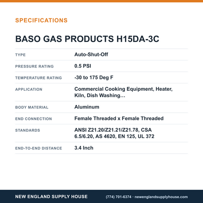 Baso Gas Products H15DA-3C Automatic Pilot Gas Valve specifications — New England Supply House [NESH-SPECTABLE-V1]