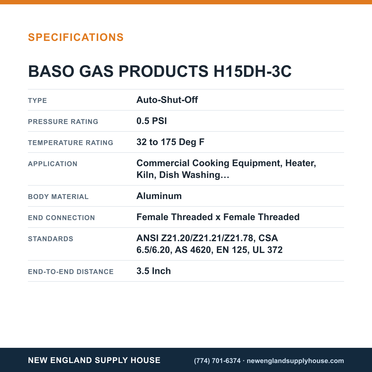 Baso Gas Products H15DH-3C Automatic Pilot Gas Valve specifications — New England Supply House [NESH-SPECTABLE-V1]