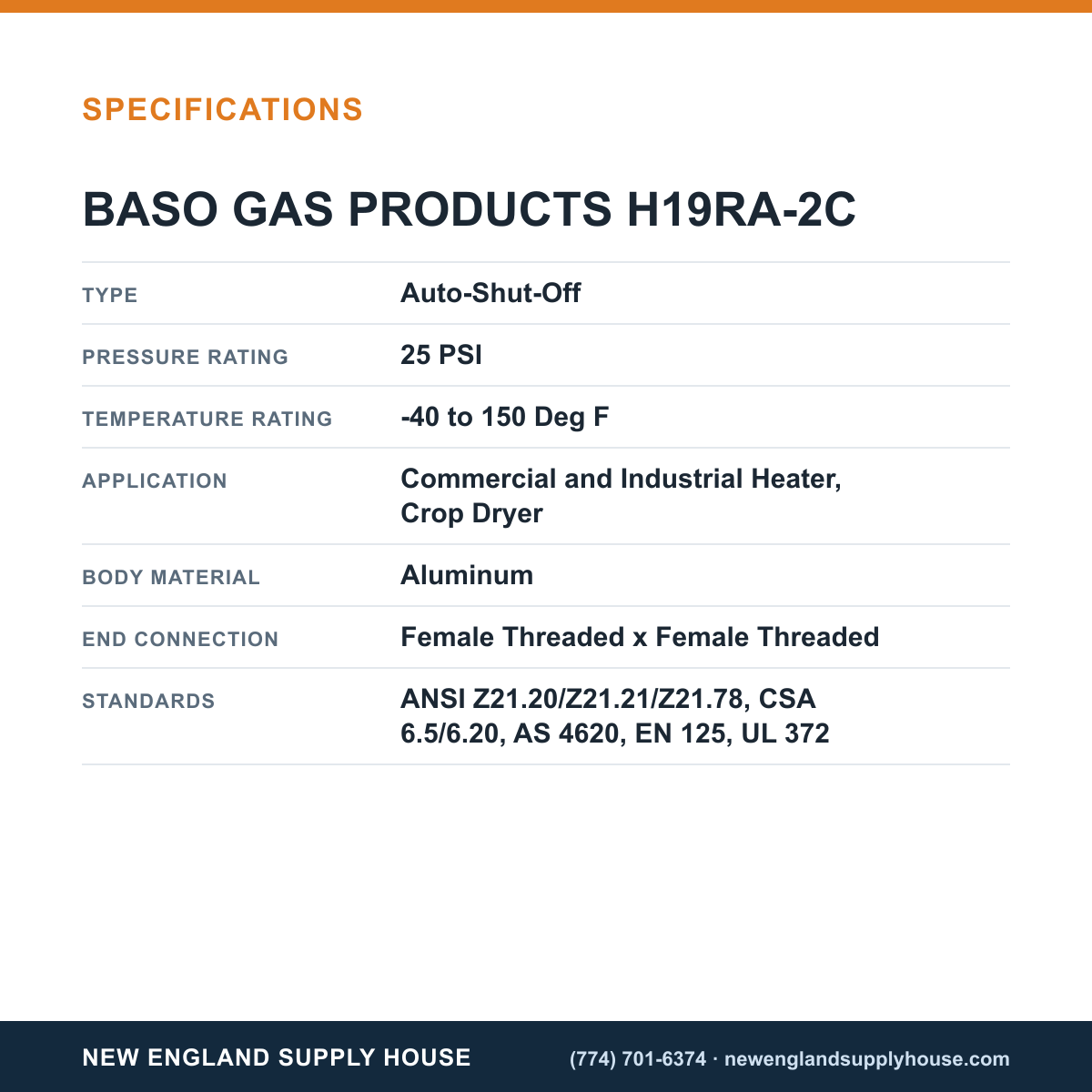 Baso Gas Products H19RA-2C Automatic Pilot Gas Valve specifications — New England Supply House [NESH-SPECTABLE-V1]