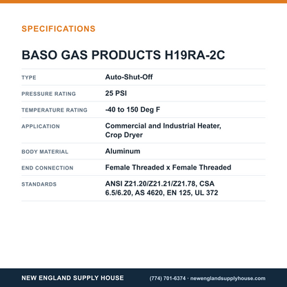 Baso Gas Products H19RA-2C Automatic Pilot Gas Valve specifications — New England Supply House [NESH-SPECTABLE-V1]
