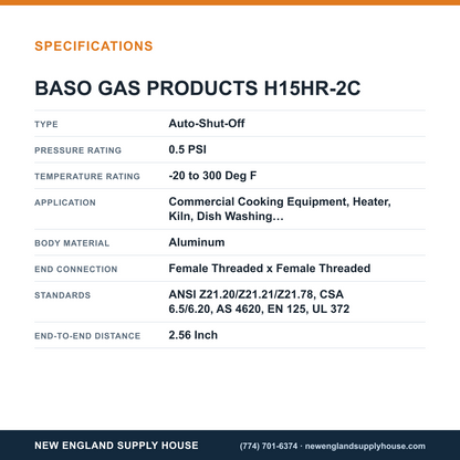 Baso Gas Products H15HR-2C Automatic Pilot Gas Valve specifications — New England Supply House [NESH-SPECTABLE-V1]
