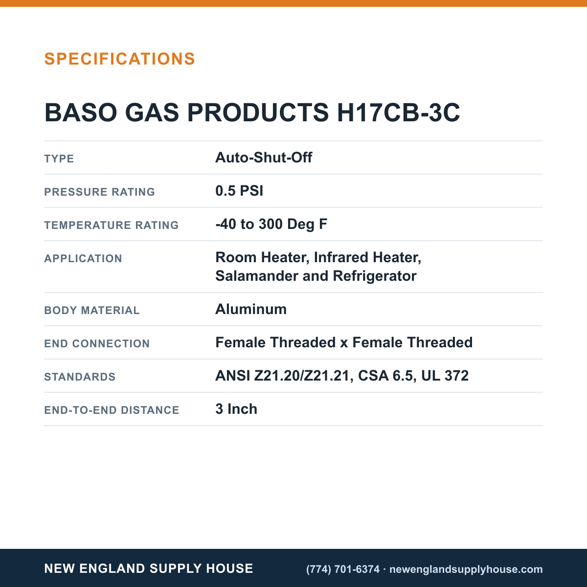 Baso Gas Products H17CB-3C Automatic Pilot Gas Valve specifications — New England Supply House [NESH-SPECTABLE-V1]