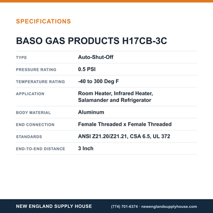 Baso Gas Products H17CB-3C Automatic Pilot Gas Valve specifications — New England Supply House [NESH-SPECTABLE-V1]