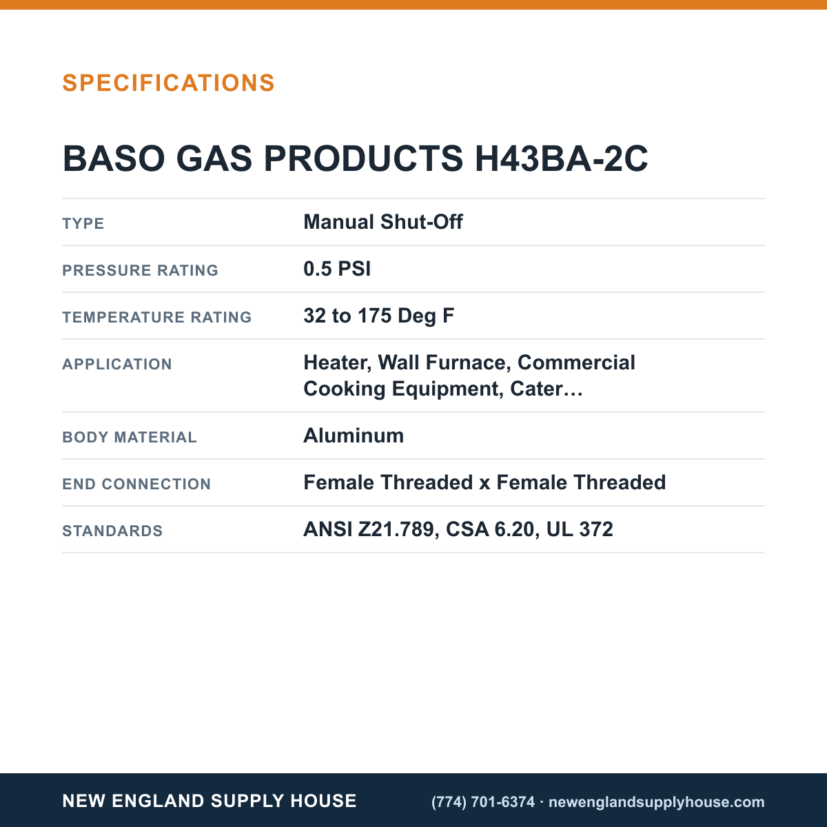 Baso Gas Products H43BA-2C Automatic Pilot Gas Valve specifications — New England Supply House [NESH-SPECTABLE-V1]