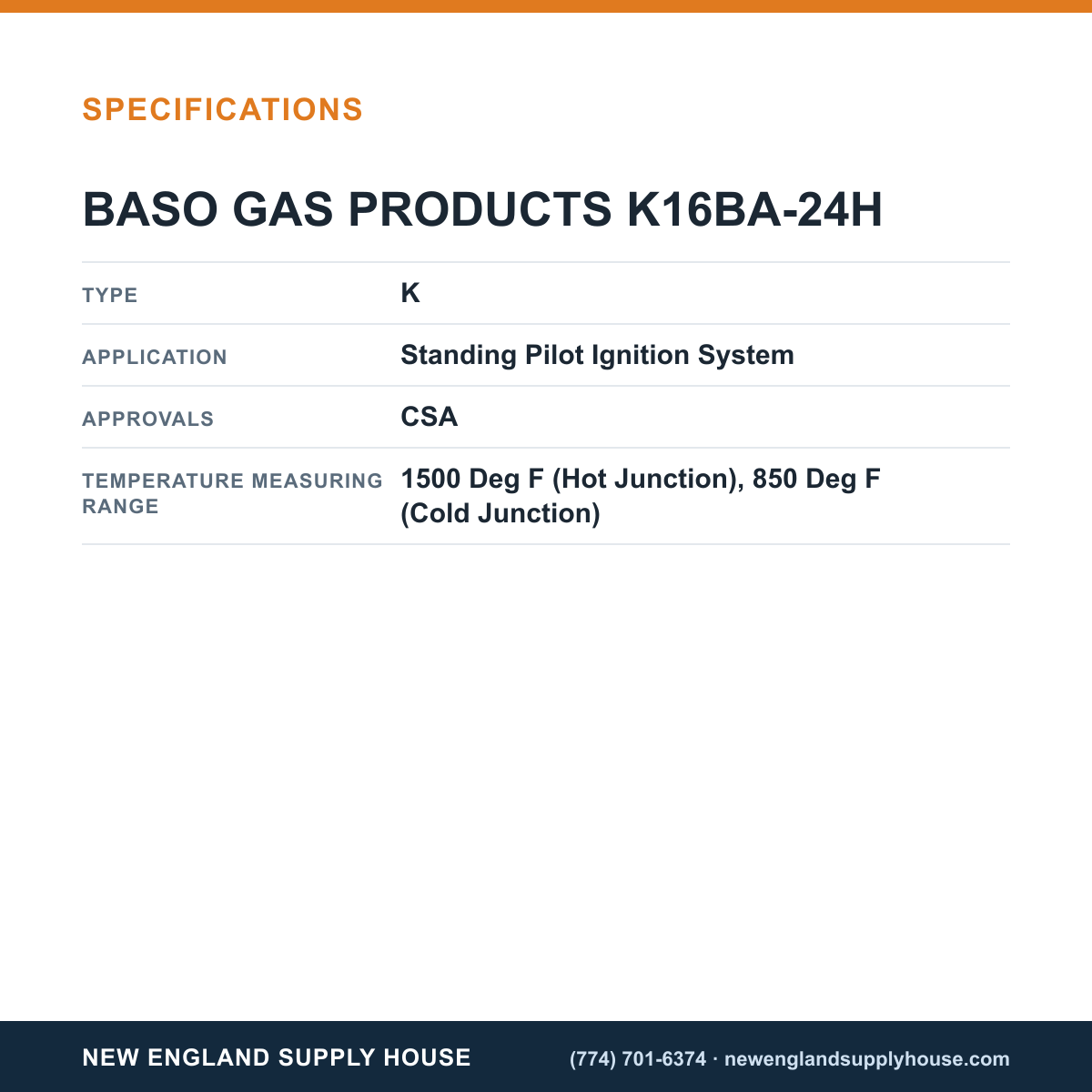 Baso Gas Products K16BA-24H Thermocouple specifications — New England Supply House [NESH-SPECTABLE-V1]
