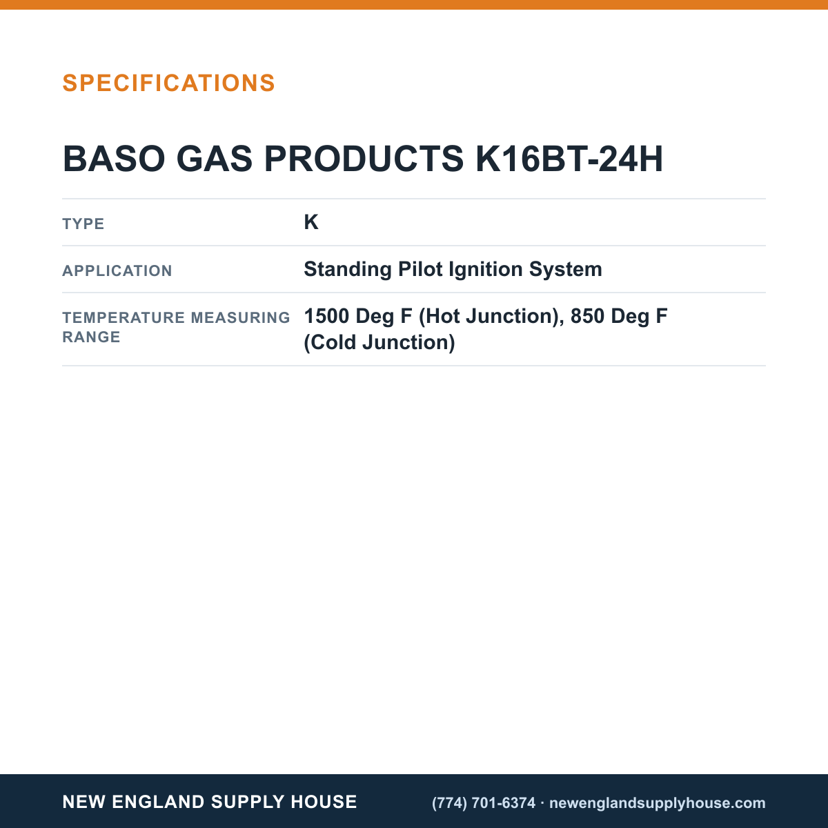 Baso Gas Products K16BT-24H Thermocouple specifications — New England Supply House [NESH-SPECTABLE-V1]