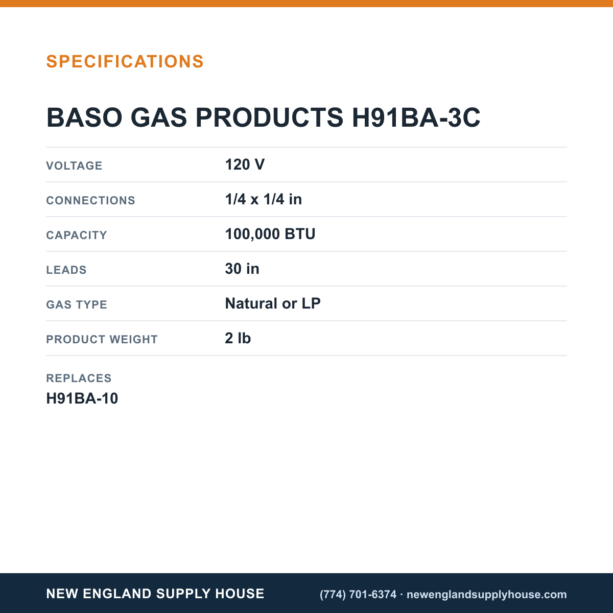 Baso Gas Products H91BA-3C Valve specifications — New England Supply House [NESH-SPECTABLE-V1]
