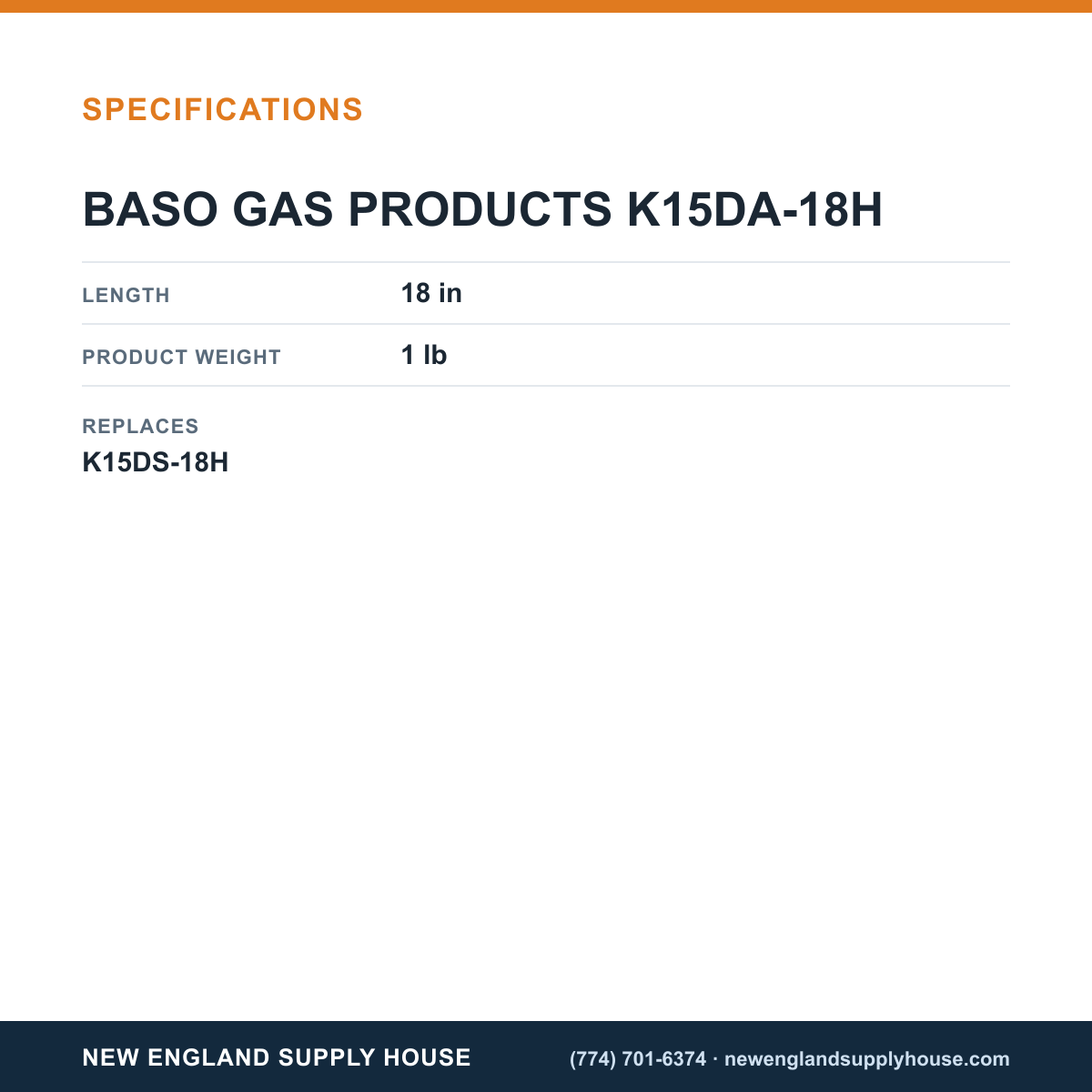 Baso Gas Products K15DA-18H Thermocouple specifications — New England Supply House [NESH-SPECTABLE-V1]