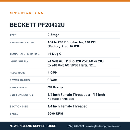 Beckett PF20422U Oil Burner Cleancut Pump specifications — New England Supply House [NESH-SPECTABLE-V1]