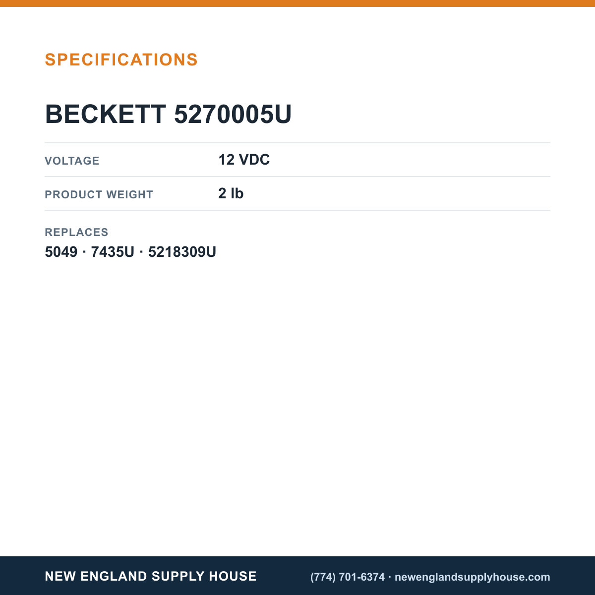 Beckett 5270005U Burner Ignitor specifications — New England Supply House [NESH-SPECTABLE-V1]