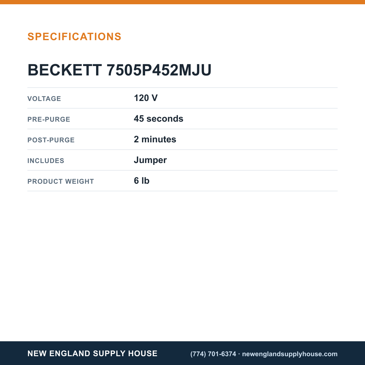 Beckett 7505P452MJU Primary Control Module specifications — New England Supply House [NESH-SPECTABLE-V1]