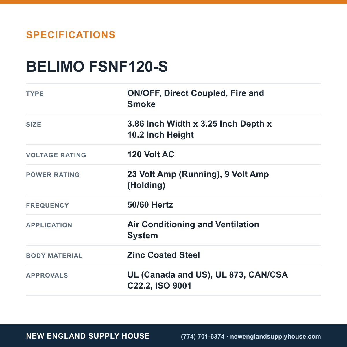 Belimo FSNF120-S Damper Actuator specifications — New England Supply House [NESH-SPECTABLE-V1]