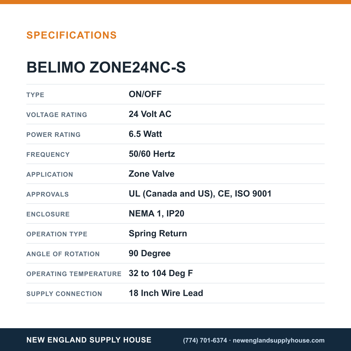 Belimo ZONE24NC-S Zone Valve Actuator specifications — New England Supply House [NESH-SPECTABLE-V1]