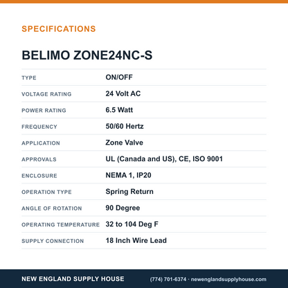 Belimo ZONE24NC-S Zone Valve Actuator specifications — New England Supply House [NESH-SPECTABLE-V1]