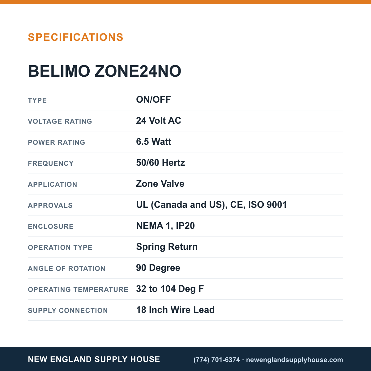Belimo ZONE24NO Zone Valve Actuator specifications — New England Supply House [NESH-SPECTABLE-V1]