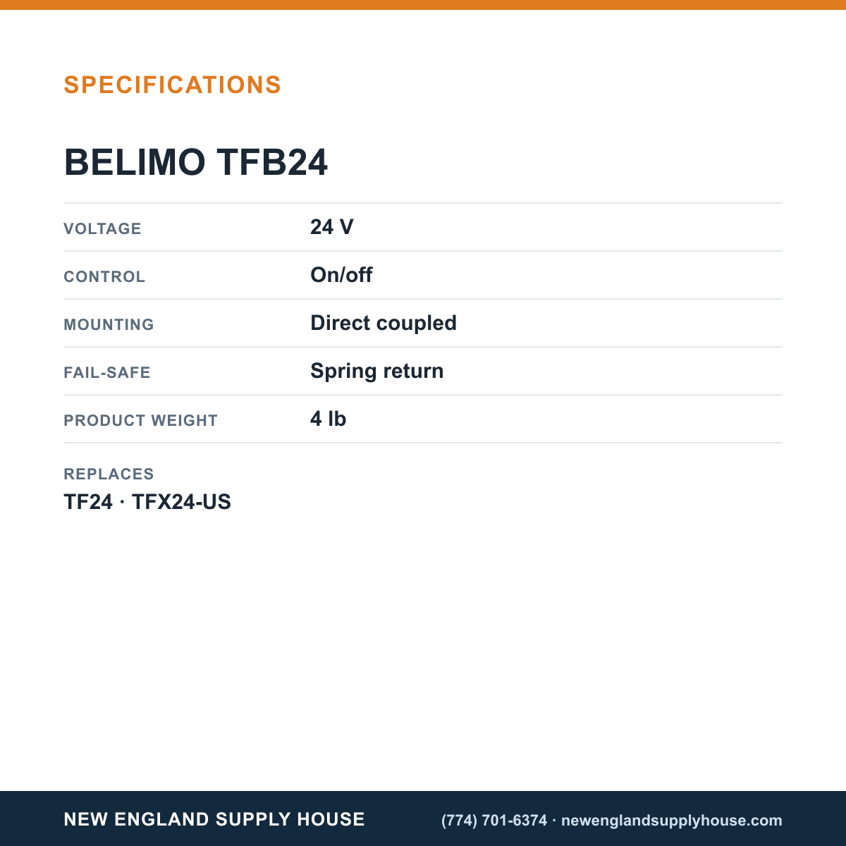 Belimo TFB24 Spring Return Actuator specifications — New England Supply House [NESH-SPECTABLE-V1]