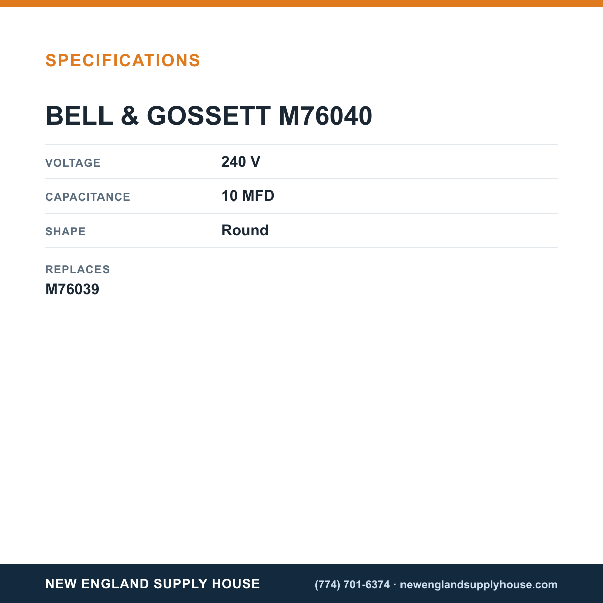 Bell & Gossett M76040 Capacitor specifications — New England Supply House [NESH-SPECTABLE-V1]