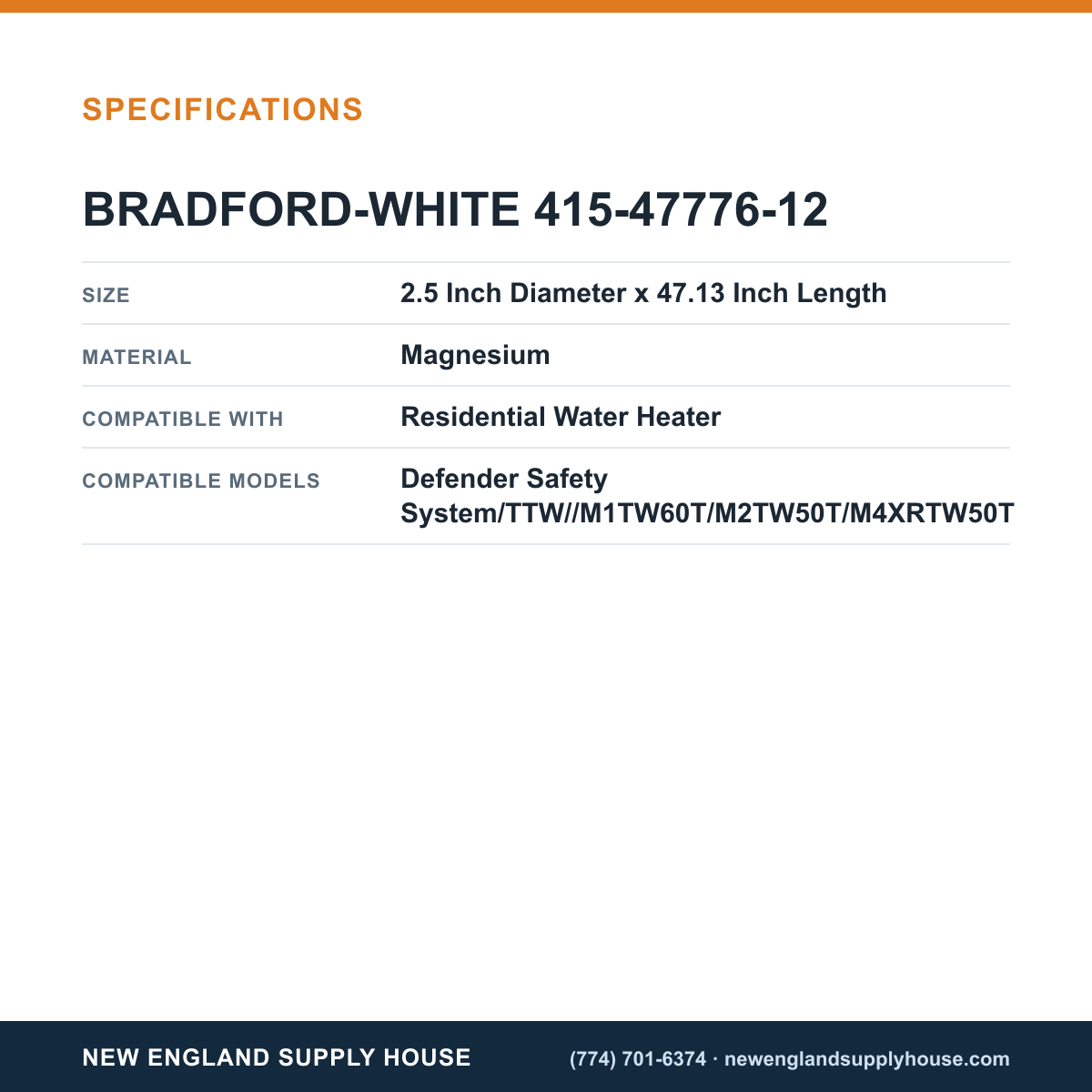 Bradford White 415-47776-12 Water Heater Anode Rod specifications — New England Supply House [NESH-SPECTABLE-V1]