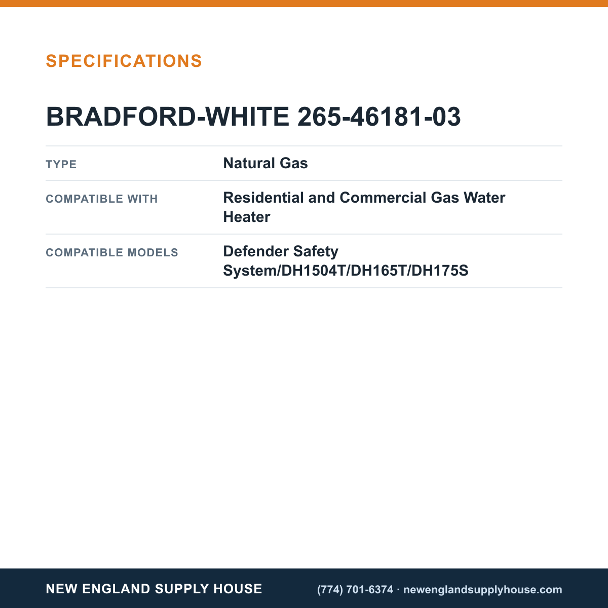 Bradford White 265-46181-03 Water Heater Combination Gas Control specifications — New England Supply House [NESH-SPECTABLE-V1]