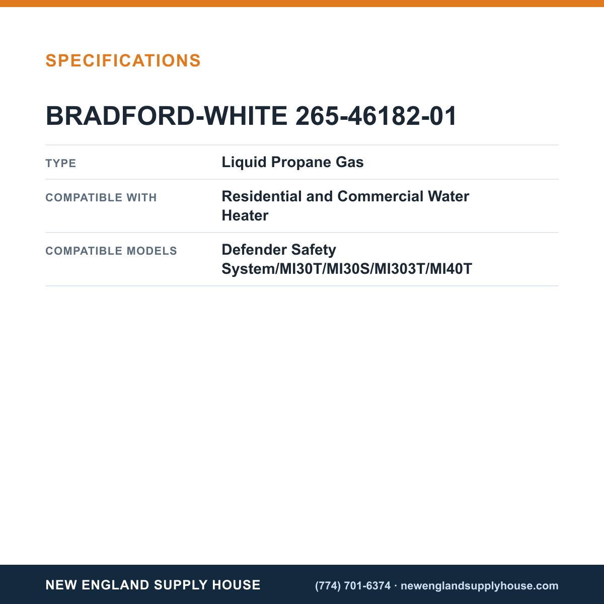 Bradford White 265-46182-01 Water Heater Gas Valve specifications — New England Supply House [NESH-SPECTABLE-V1]