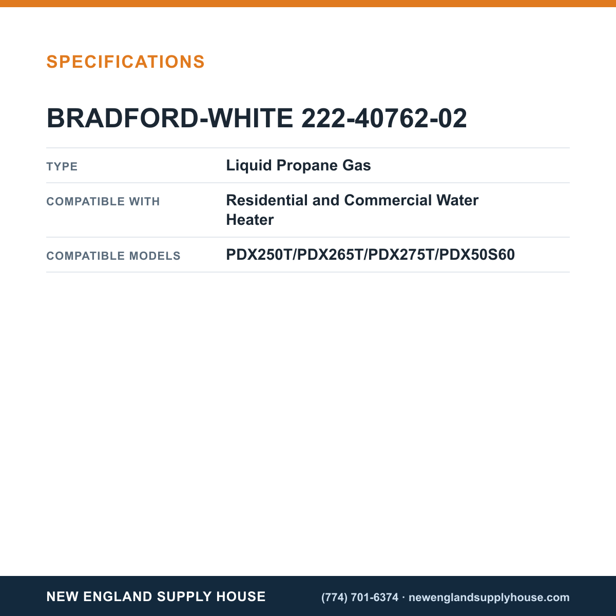 Bradford White 222-40762-02 Water Heater Gas Valve specifications — New England Supply House [NESH-SPECTABLE-V1]