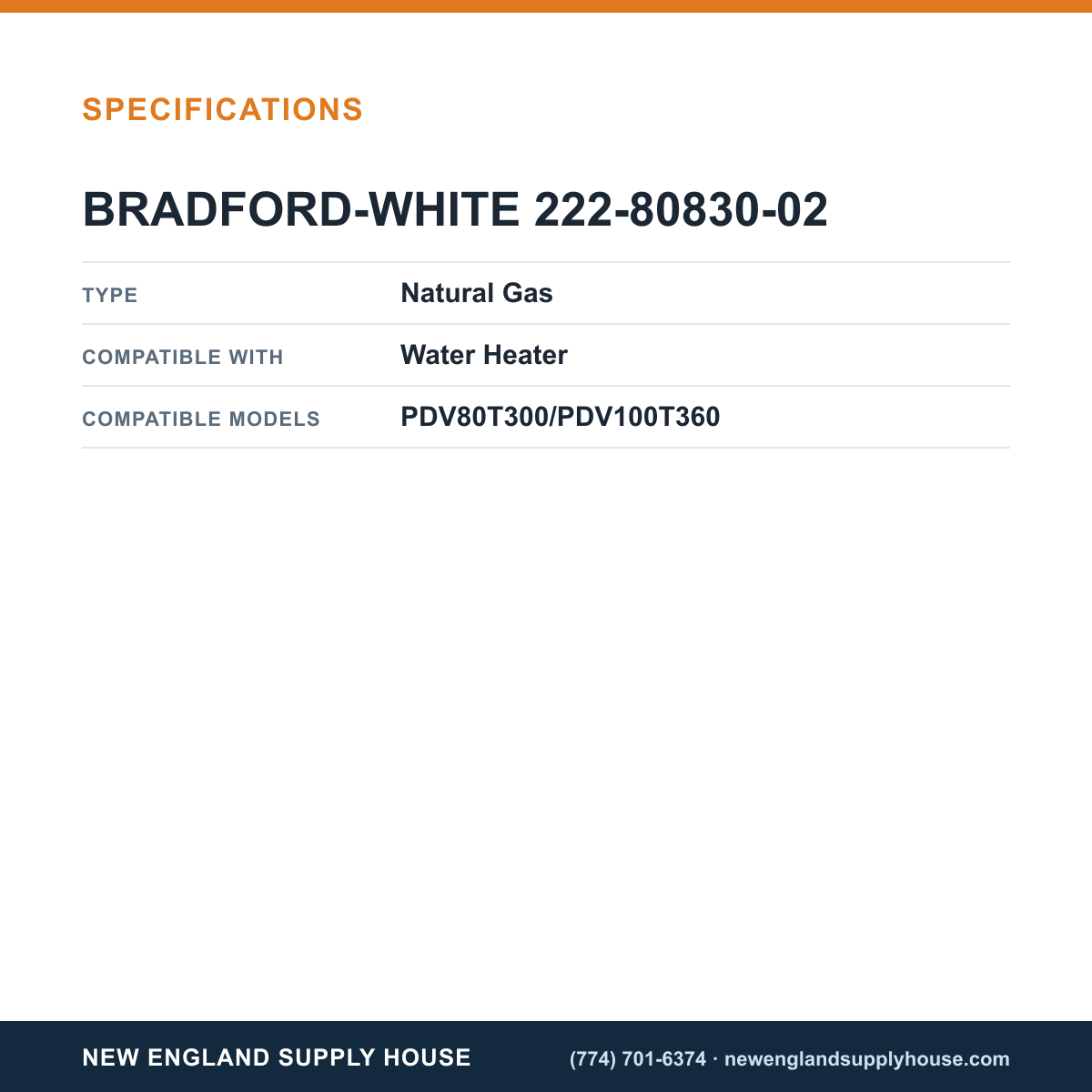 Bradford White 222-80830-02 Water Heater Gas Valve specifications — New England Supply House [NESH-SPECTABLE-V1]