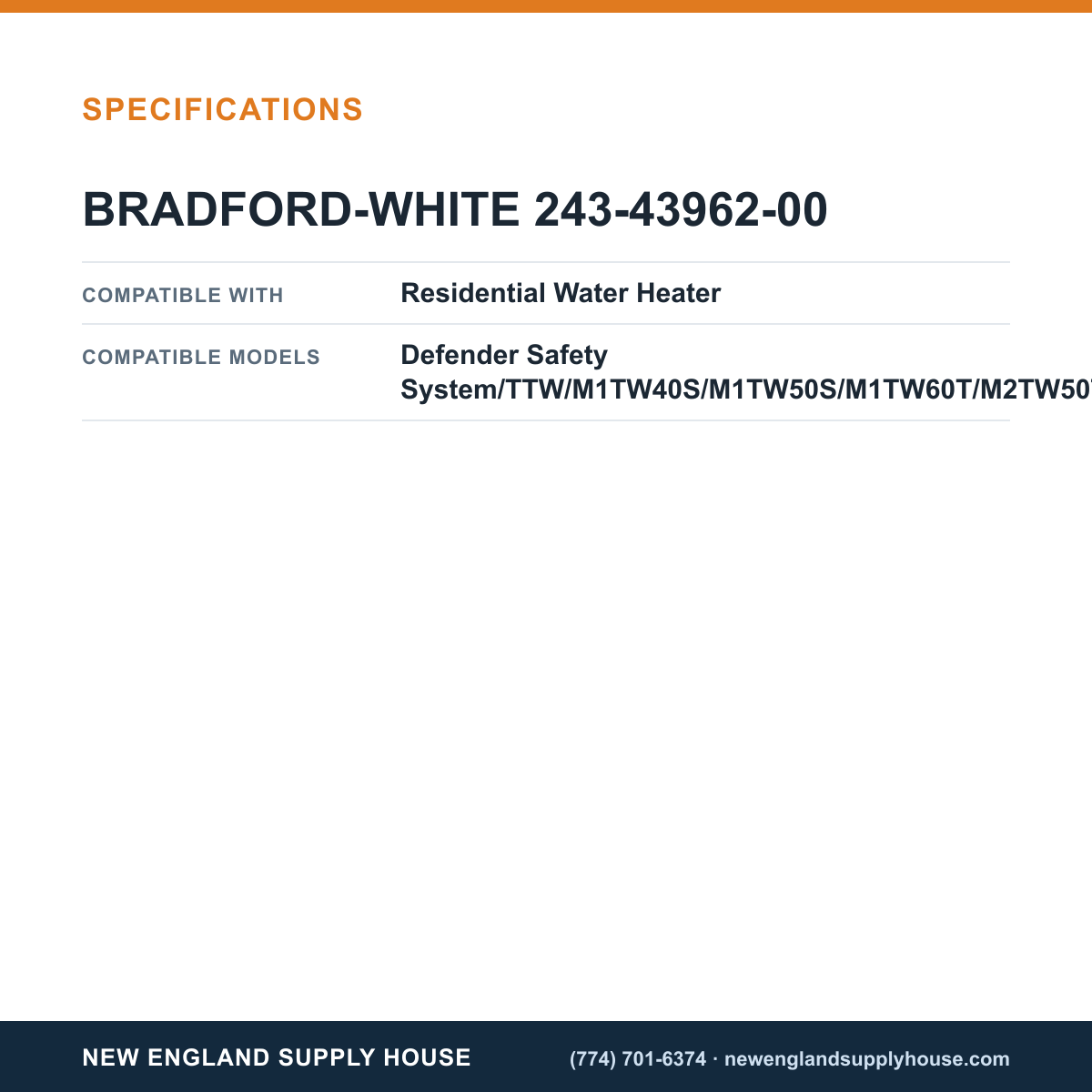 Bradford White 243-43962-00 Water Heater Outer Door specifications — New England Supply House [NESH-SPECTABLE-V1]
