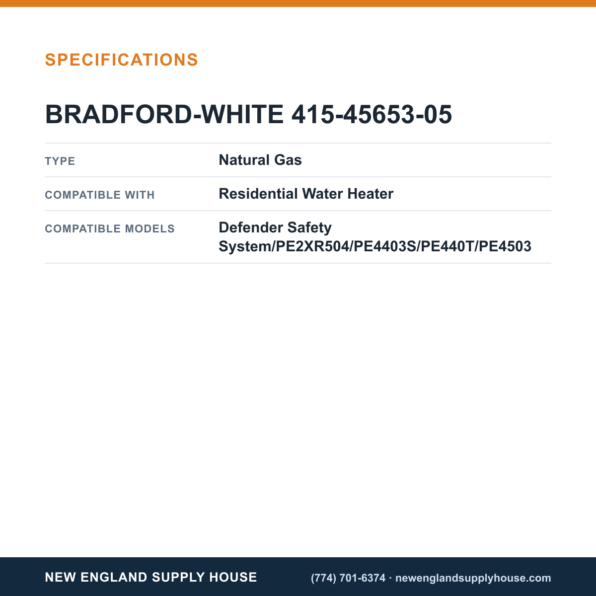 Bradford White 415-45653-05 Water Heater Pilot Assembly specifications — New England Supply House [NESH-SPECTABLE-V1]