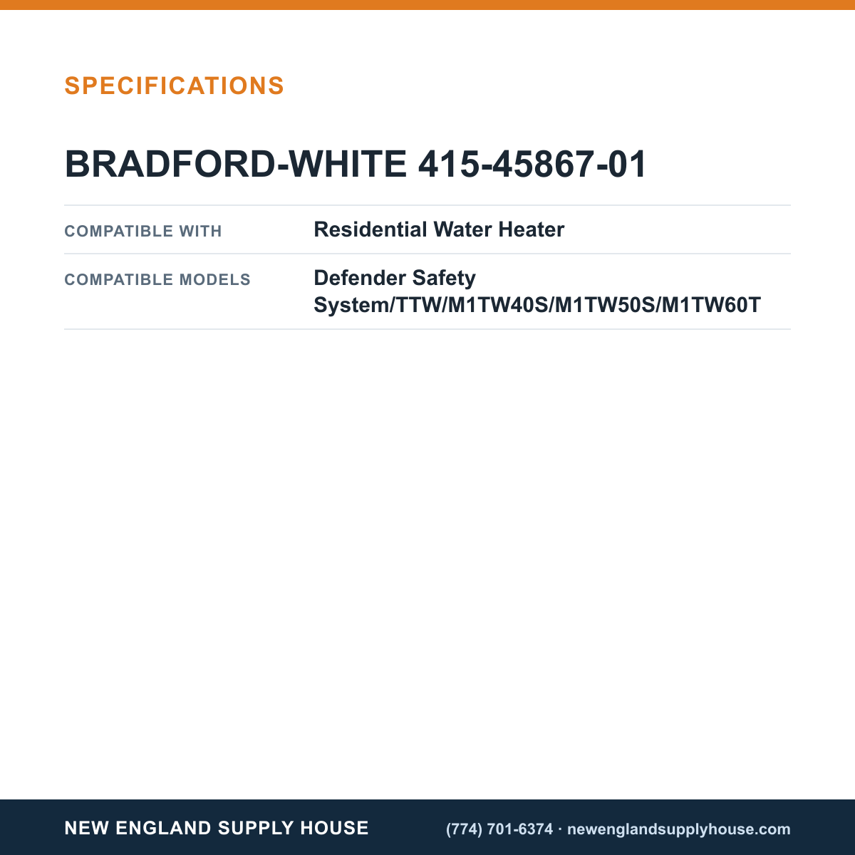 Bradford White 415-45867-01 Water Heater Pressure Switch specifications — New England Supply House [NESH-SPECTABLE-V1]