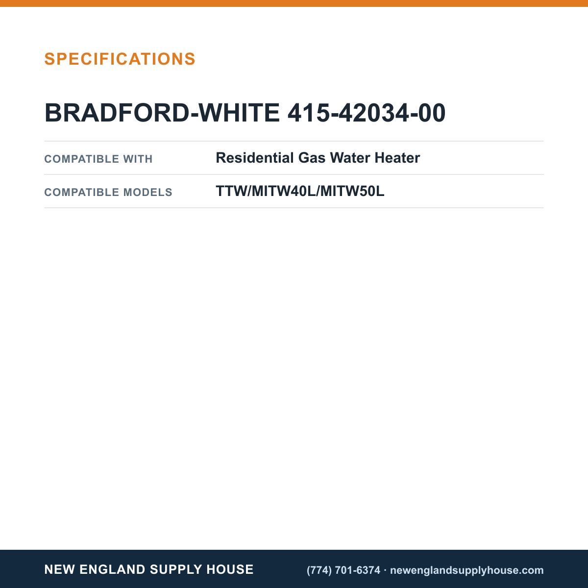 Bradford White 415-42034-00 Water Heater Thermostat specifications — New England Supply House [NESH-SPECTABLE-V1]