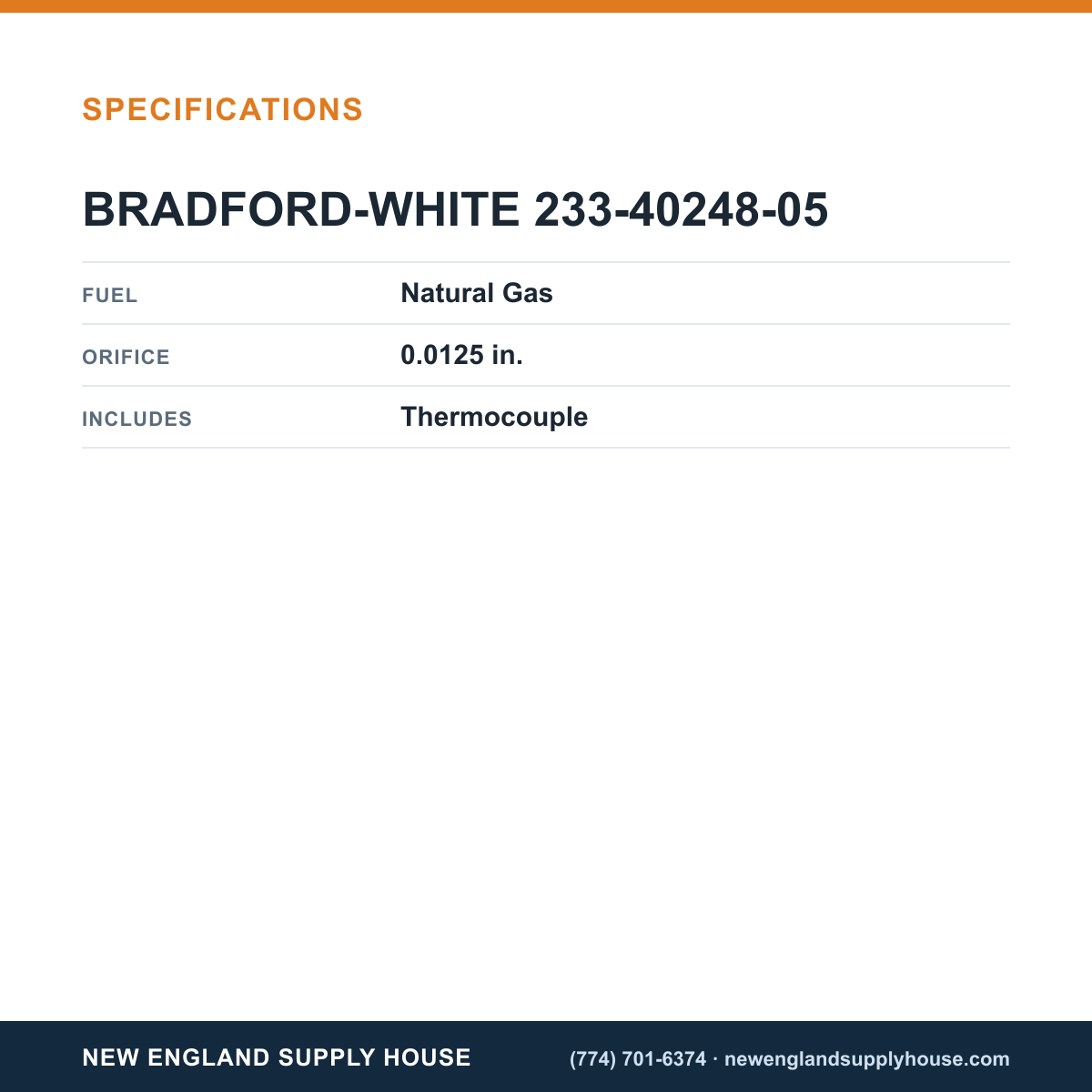 Bradford White 233-40248-05 Pilot Assembly specifications — New England Supply House [NESH-SPECTABLE-V1]