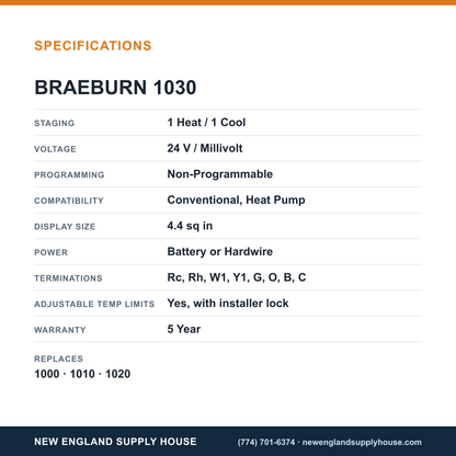 Braeburn 1030 Thermostat specifications — New England Supply House [NESH-SPECTABLE-V1]