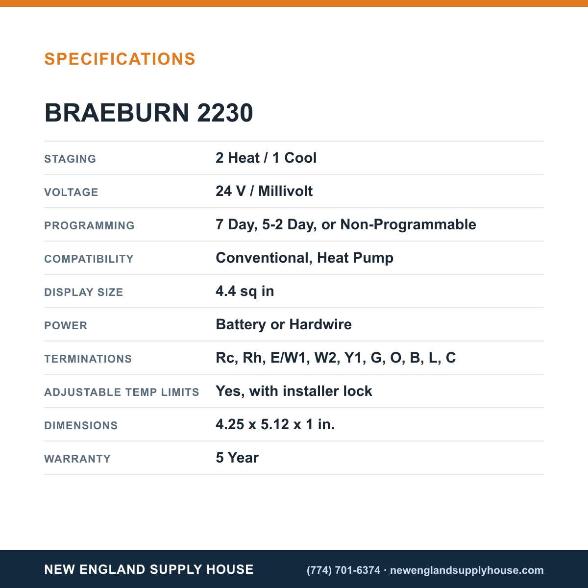 Braeburn 2230 Thermostat specifications — New England Supply House [NESH-SPECTABLE-V1]