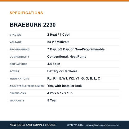 Braeburn 2230 Thermostat specifications — New England Supply House [NESH-SPECTABLE-V1]