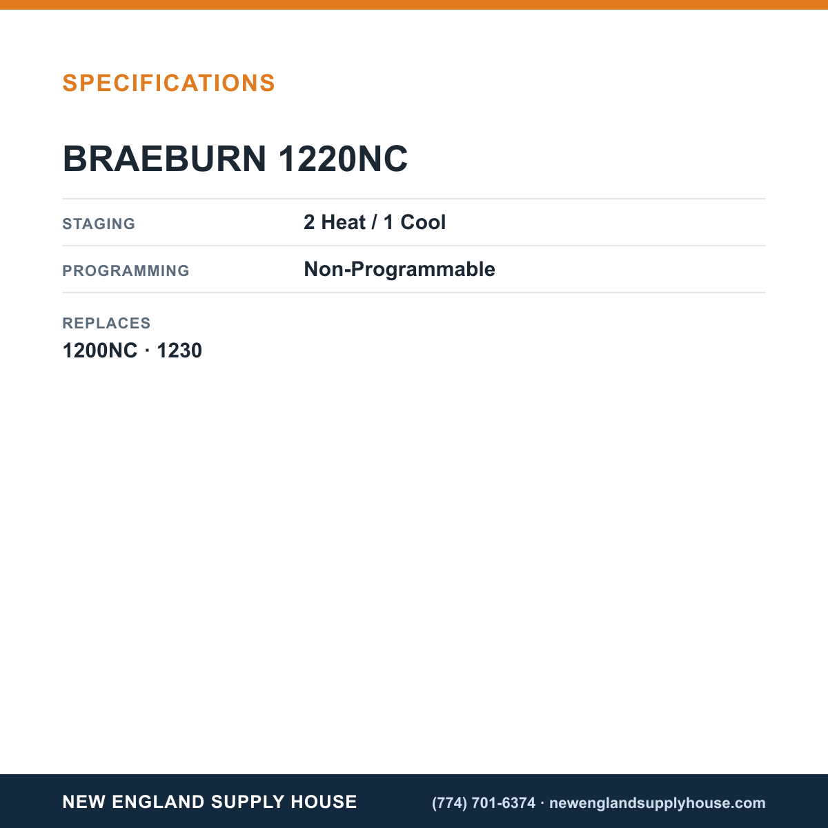 Braeburn 1220NC Thermostat specifications — New England Supply House [NESH-SPECTABLE-V1]