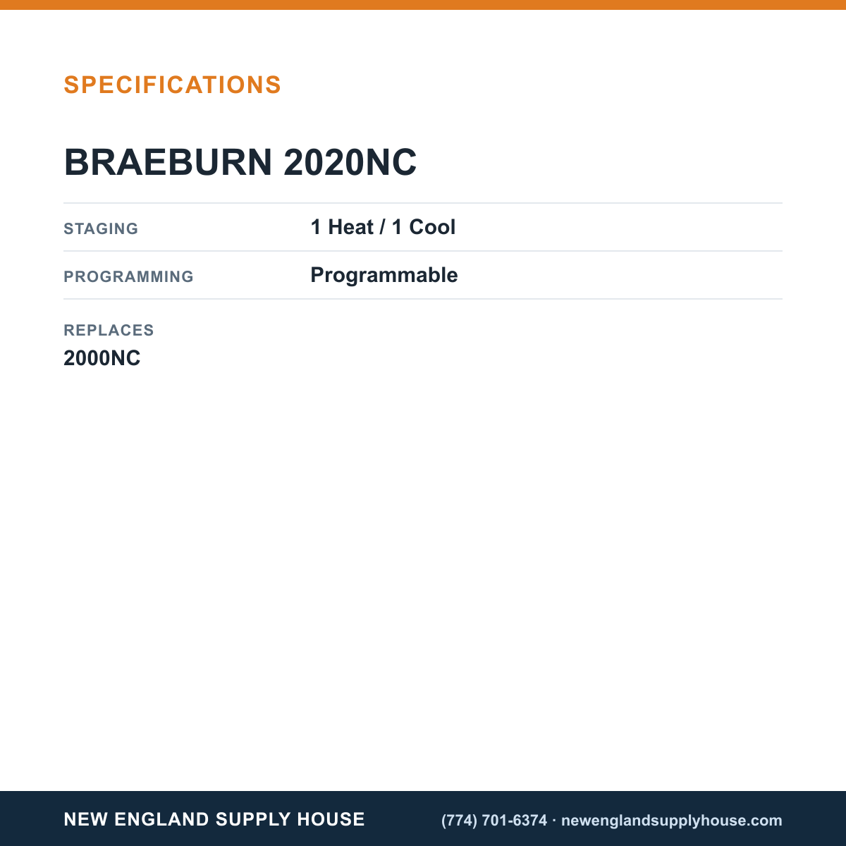 Braeburn 2020NC Programmable Thermostat specifications — New England Supply House [NESH-SPECTABLE-V1]